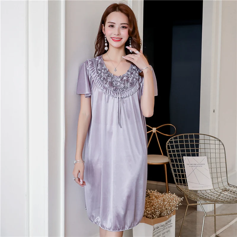 Short Sleeve Rose Flower Applique Sleep Dress Female Lady Long Nightdress Gowns Lingerie Silk Sleepdress Fancy Nightshirts Women