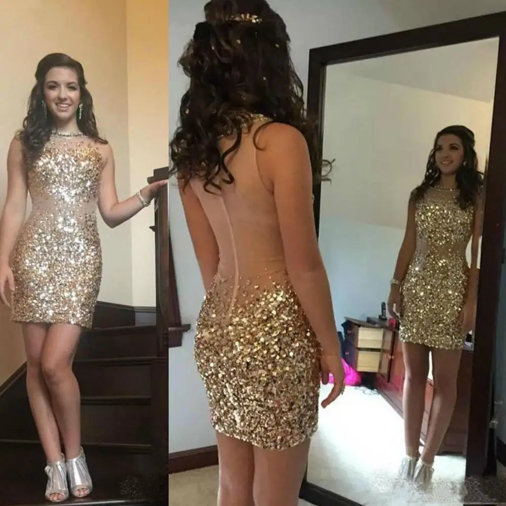 Sequin Short Prom Dresses Sheer Neck Mini Illusion Bodice Beads