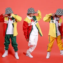 Костюмы в стиле хип-хоп; детская Одежда для танцев; одежда для уличных танцев для мальчиков; Комбинированная цветная рубашка; куртка; Современная сценическая одежда; DN4629