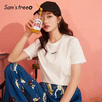 

SAM'S TREE Multicolor Solid Letter Print Casual Women T Shirts 2020 New Spring Pure Short Sleeve Korean Ladies Daily Basic Tops