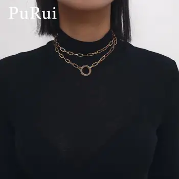 

PuRui Circle Pendant Necklace for Women Gold Color Layered Alloy Metal Chain Choker Necklace Statement Fashion Jewelry