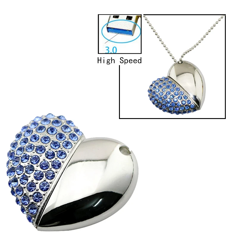  USB 3.0 Crystal Diamond Love Heart Usb Flash Drive Memory Stick Hearts Necklace Pendrive 4GB 8GB 16