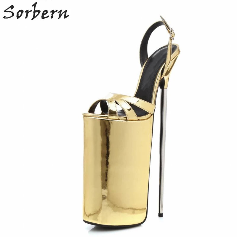 Gold Metallic Sorbern босоножки на очень высоком каблуке 30 см с металлическим украшением; женские босоножки с ремешком на пятке; пикантная обувь; сезон лето - Цвет: Gold Metallic