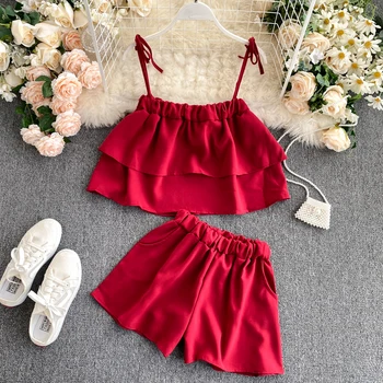 

2020 Summer Holiday Beach Women Two Piece Set Vintage Sleeveless Slash Neck Camis Tops + Wide Leg Shorts For Female 2 pcs Set