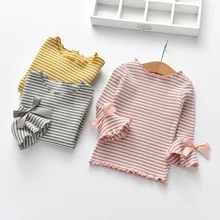 Весенние детские блузки в полоску для девочек; рубашки; хлопковая Осенняя детская футболка с длинными расклешенными рукавами; топы для маленьких девочек