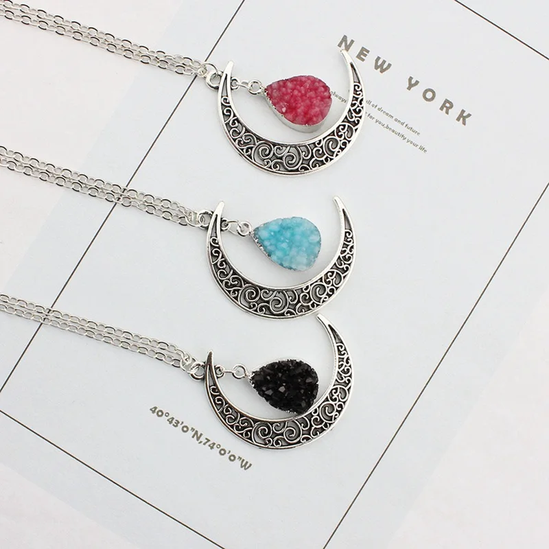 Винтажный Galaxy Moon Crystal Crescent Moon черный, красный и синий кварцевый и из натурального камня ожерелье с опалом подвески