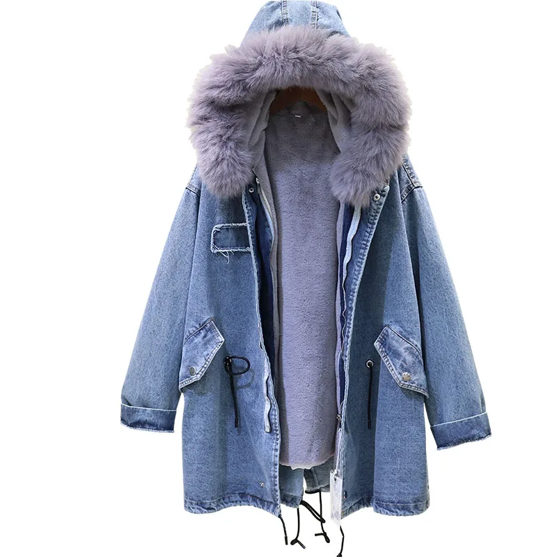 Модный воротник из натурального меха джинсовое хлопковое пальто для женщин зимняя Корейская плюс бархатная толстая верхняя одежда с капюшоном Свободная джинсовая куртка Tide