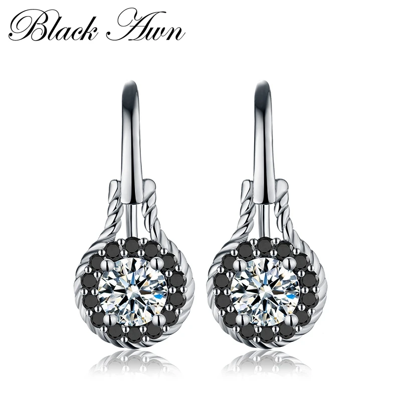 

[BLACK AWN] Genuine 2.6g 925 Sterling Silver Earrings Fine Jewelry Flower Black Spinel Engagement Dangle Earrings for Women T092