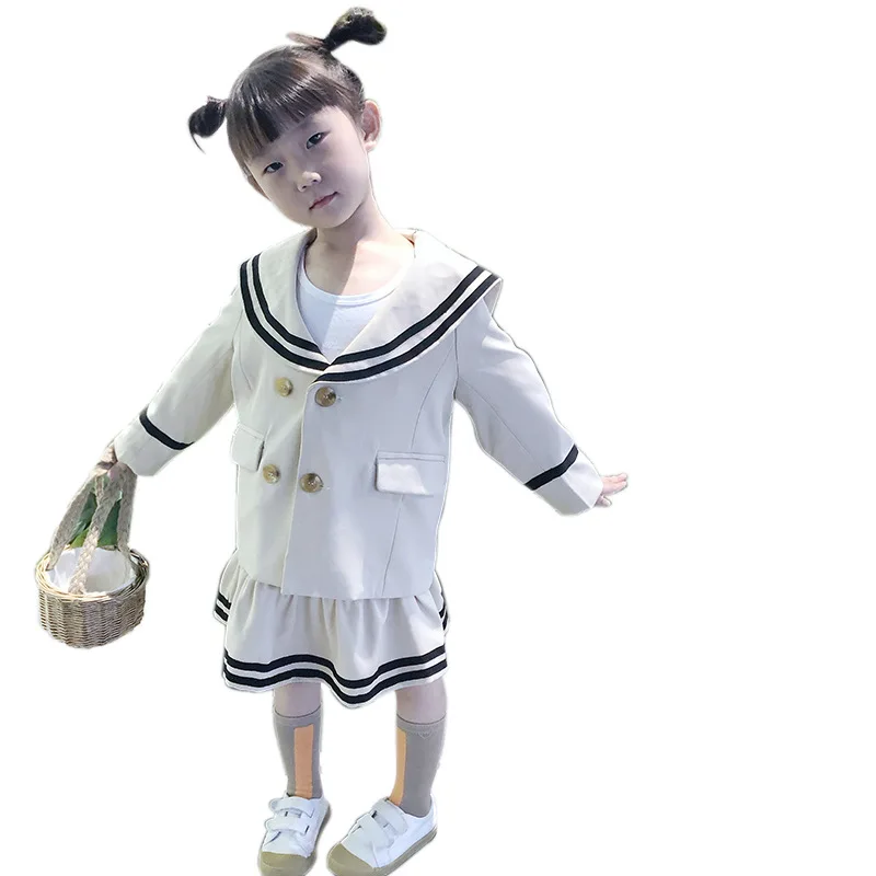 

2019 New Spring and Autumn Girls Sailor Suit Set Children's College Wind Pleated Skirt Long Sleeve Two-piece