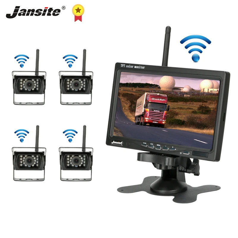 

Jansite 7" Wireless Car Monitor Truck Rear View Camera 12-24V Night Vision monitor for back up camera Bus RV Harvester 4 Cameras
