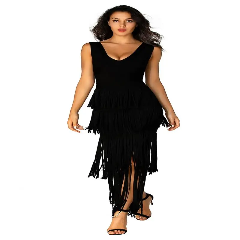 New Autumn Celebrity Party Deep V-neck Hot Gold Fashion Fringe Temperament High-end Atmosphere MAXI Long Bandage Dress Eve