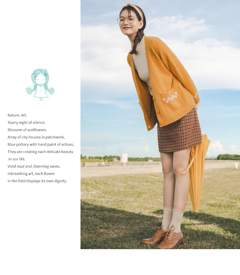 INMAN 2020 Autumn Winter New Arrival Plaid Skirt Literary Zipper A-line Pure Cotton Retro Womens Skirt