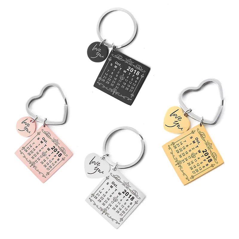 Personalized Calendar Keychain Heart Circle Shape Engraved Special Date Custom Name Key Chain Husband Wife DIY Jewelry Gifts |