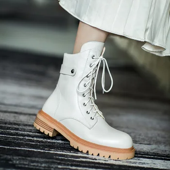 

MORDOAN Genuine Cow Leather Martin boots women's thick-soled round toe British style lace-up thick heel ankle boots women