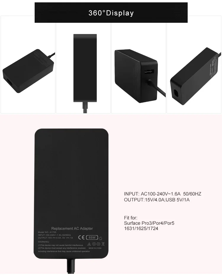 Выпуск 65 Вт microsoft Surface Pro 3/4/5/6 Зарядное устройство 15В 4A с USB Порты и разъёмы 5V 1A