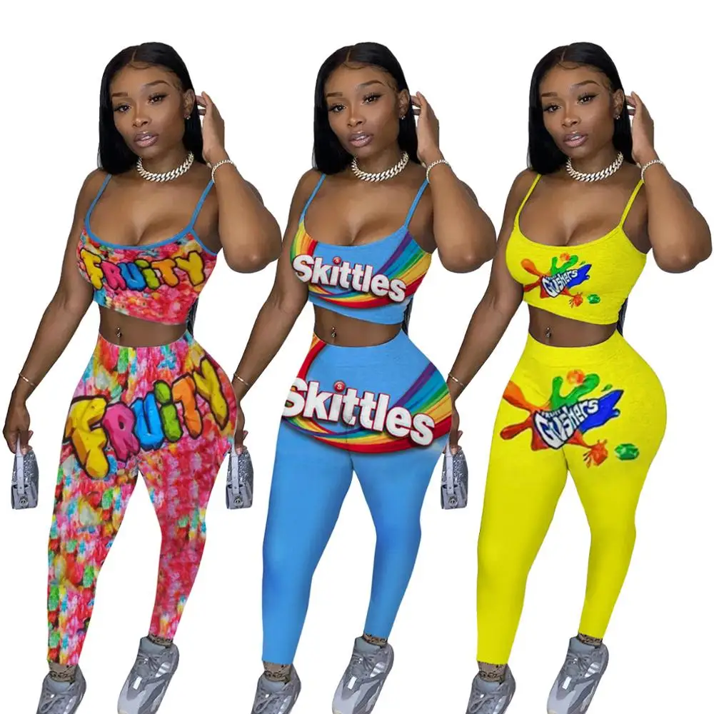 Qyq Skittles Candy Booty Two Piece Set Women Top And Pants Cute Bodycon Leggings Sport Plus Size Snack Fruity Pebbles Gushers Women S Sets Aliexpress