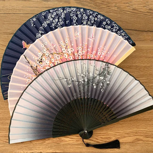 Vintage Silk Folding Fan Retro Chinese Japanese Bamboo Hand Folding Fan Dance Hand Fan Home Decoration Ornaments Craft Gift Fan 1