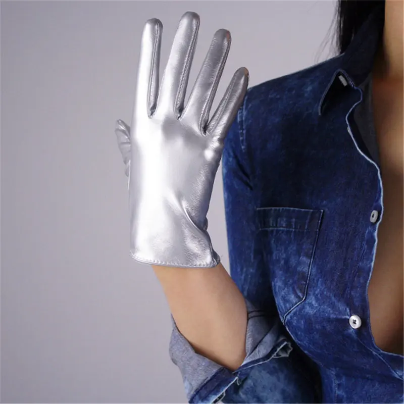 patentleathersilver 21 см, лакированные кожаные перчатки, Короткая секция, имитирующая кожу ПУ, зеркальные, бежевые, телесные, яркие, желтые, Имбирные, желтые, яичный желток, PU124 - Цвет: patentleathersilver