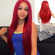 Natifah красный парик длинные прямые волосы синтетические парики на кружеве 24 дюйма средняя часть 150% плотность коричневый оранжевый для женщин Косплей