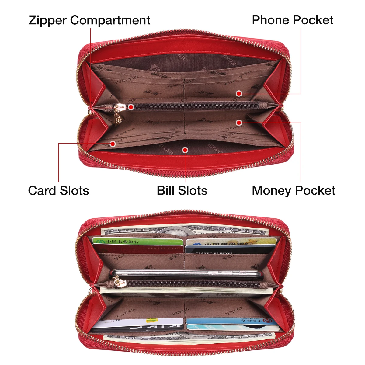 FOXER Women's Wallets Glitter Cowhide Leather Clutch Zipper Wallets with Wristle Female Phone Holder Purse Lady Clutch Phone Bag FOXER Women's Wallets Glitter Cowhide Leather Clutch Zipper Wallets with Wristle Female Phone Holder Purse Lady Clutch Phone Bag