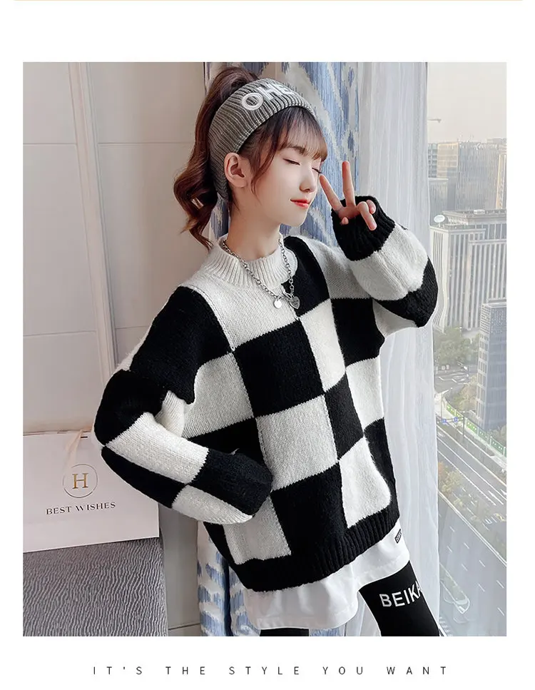 Pull en tricot épais pour enfant et adolescent, pull chaud imprimé à  carreaux de Style coréen, vêtements tricotés d'hiver pour filles de 5 à 14  ans | AliExpress