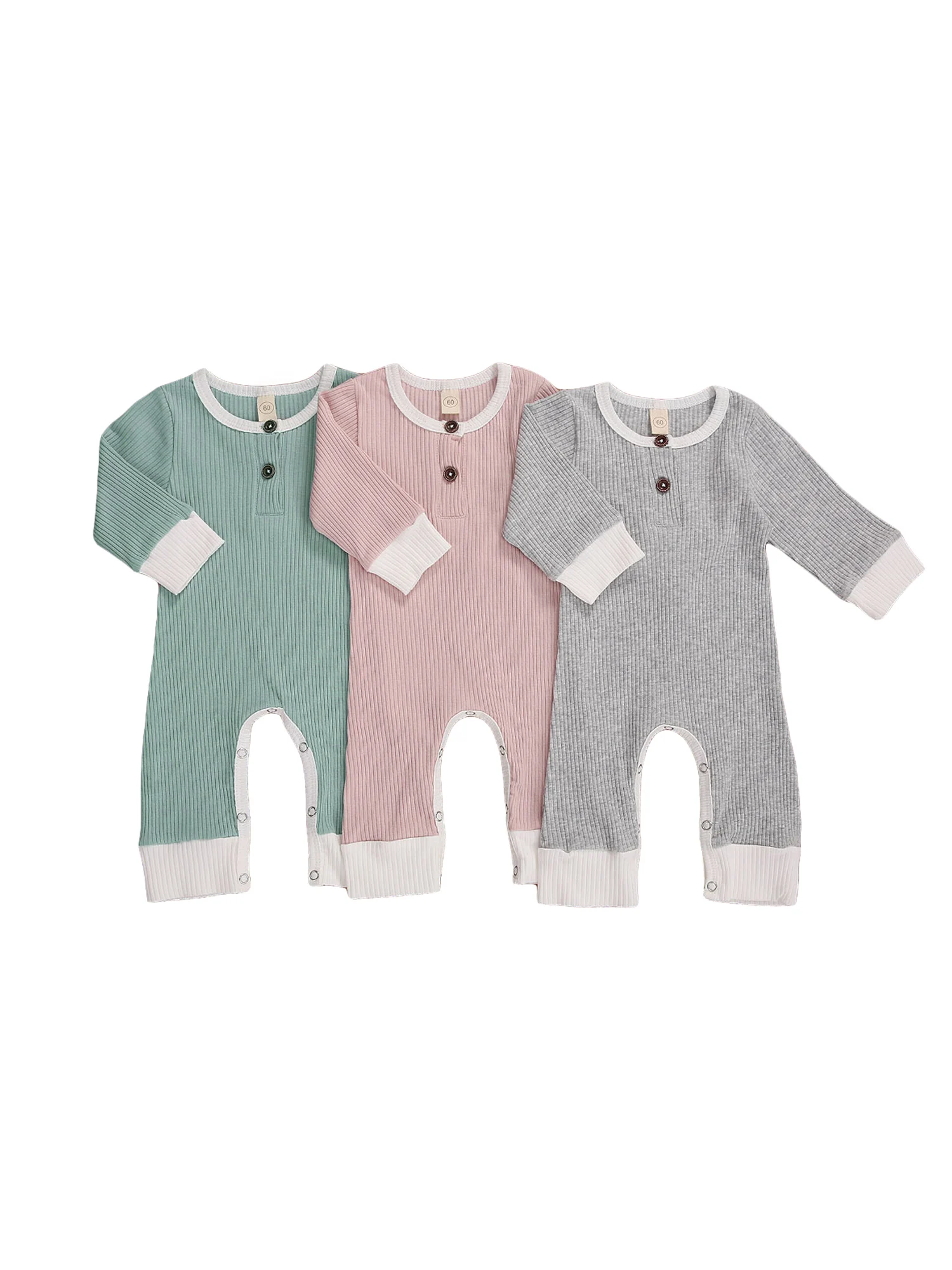 

0-18M Newborn Baby Girl Boy Cotton Rompers Clothes Spring Autumn Outfit Ribbed Solid Jumpsuits Round-Neck Long-Sleeves Rompers