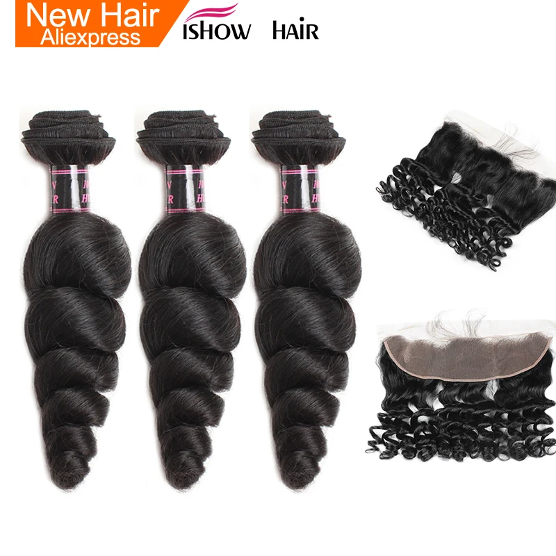 

Ishow Loose Wave Bundles With Closure Indian Human Hair Bundles With Frontal 13x4 Ear To Ear Lace Frontal With Bundles Non Remy