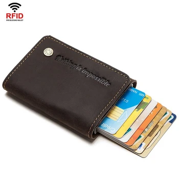 

Vintage Crazy Horse Cowhide Leather Antitheft Men Mini Wallet Aluminum Box RFID Credit Card Holder Metal Purse ID Bank card case