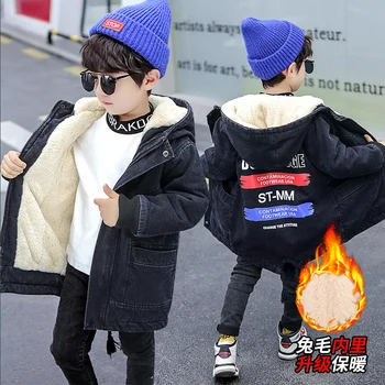 

HOT Baby boys winter coat Denim printed plush lining parka 4-13 years old thick winter hooded padded trench boys clothes