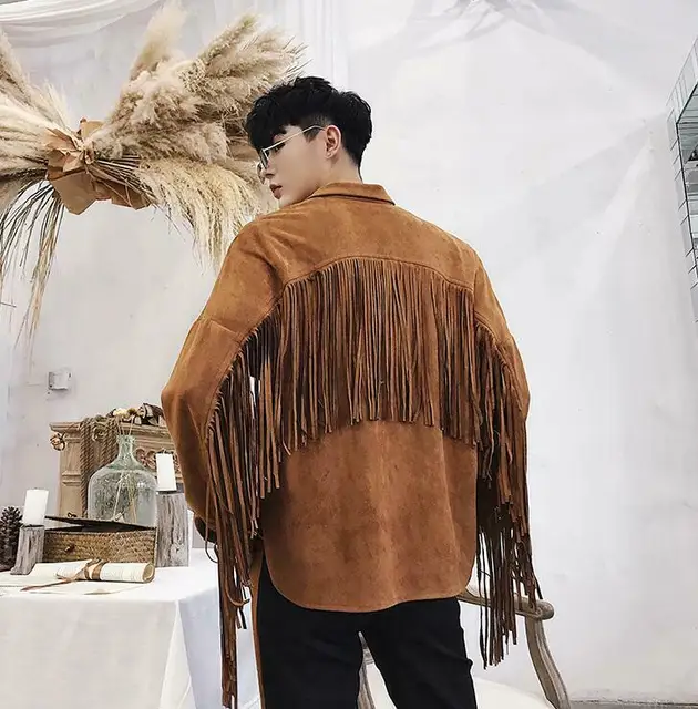 Traje de rendimiento de camisa de chaqueta de moda, chaqueta con flecos, Top de manga larga de gamuza suelta para hombre|Camisas informales| - AliExpress