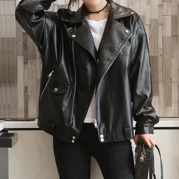 

Pu Leather Jacket Woman Zipper Motorcycle Coat Female Black Long Sleeve Faux Leather Outwear Autumn Biker Streetwear