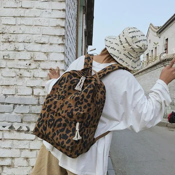 

Fashion Female Backpack Leopard Print Corduroy Dual-Straps Woman Travel Backpack Large Capacity Girl School Shoulder Bag