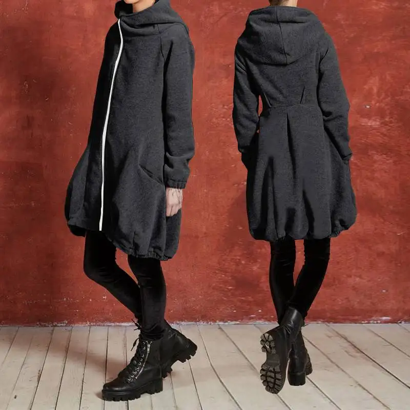 

Plus Size 2019 Winter Warm Coats Celmia Fashion Jackets Casual Loose Zipper Long Hoodies Pockets Solid Outwear Hooded Sweatshirt