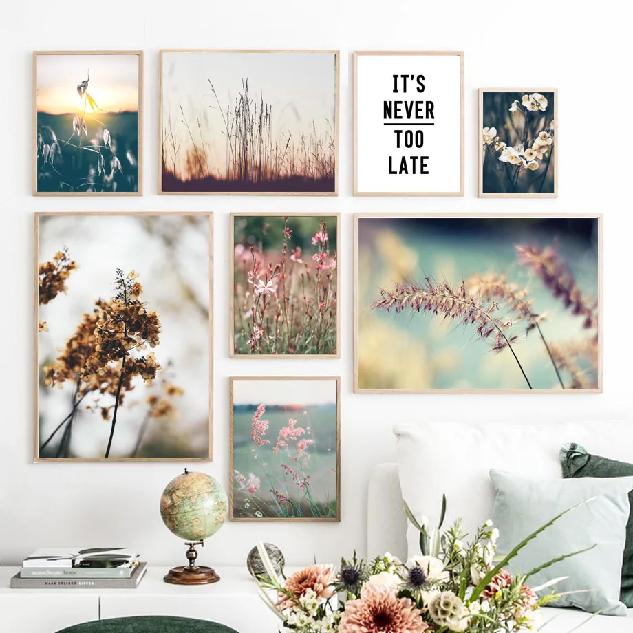 Nordic Wall Art Canvas Painting Spring Pink Flowers And Grass Land Posters Prints Living Room Home Decoration Mural | Дом и сад