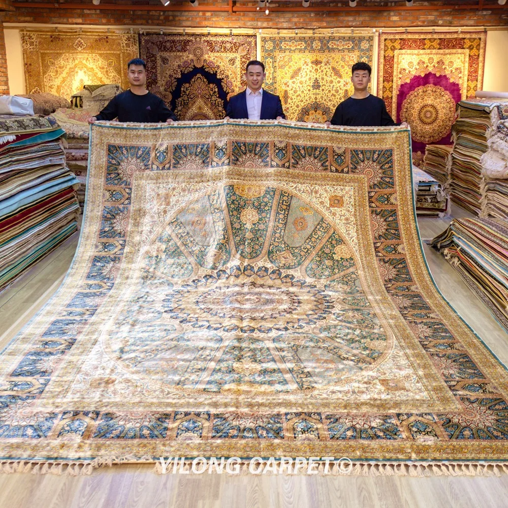 Yilong 10.2'x14.24' Vantage tabriz turkish silk rug large antique green large silk carpet