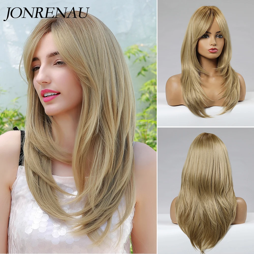 JONRENAU Long Natural Synthetic Straight Layered Hairstyle Wig Black Ombre Brown To Blonde Wigs for Black Women with Bangs Hair