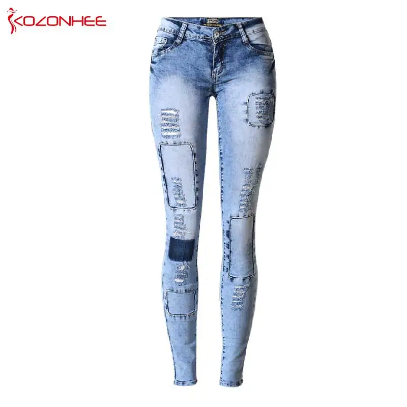 

Casual Hole Patch Pencil Women Jeans With Mid Waist elasticity Ripped Female Stretch Blue Ankle-Length Denim Pants T49