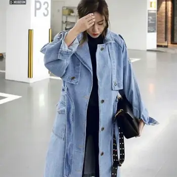 

2019 Autumn Women Casual Loose X-Long Denim Trench Coat Female Plus Size Long Sleeve Adjustable Waist Denim Coat