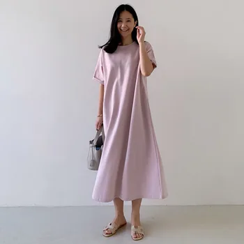 

SuperAen 2020 Summer New Cotton Long Dress Women Short Sleeve Korean Style Ladies Dress Casual Solid Color Women Clothing