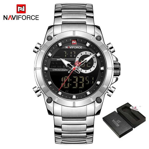 NAVIFORCE мужские часы цифровые спортивные часы Relogio Masculino кварцевые часы ремешок из нержавеющей стали многофункциональные наручные часы для мужчин - Цвет: SilverWithBox