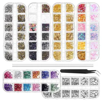

ETEREAUTY 6PCS Nail Art Rhinestones Nail Stone Gems Design Kit with Nail Tweezer and Rhinestone Picker Pencil for Nail Art
