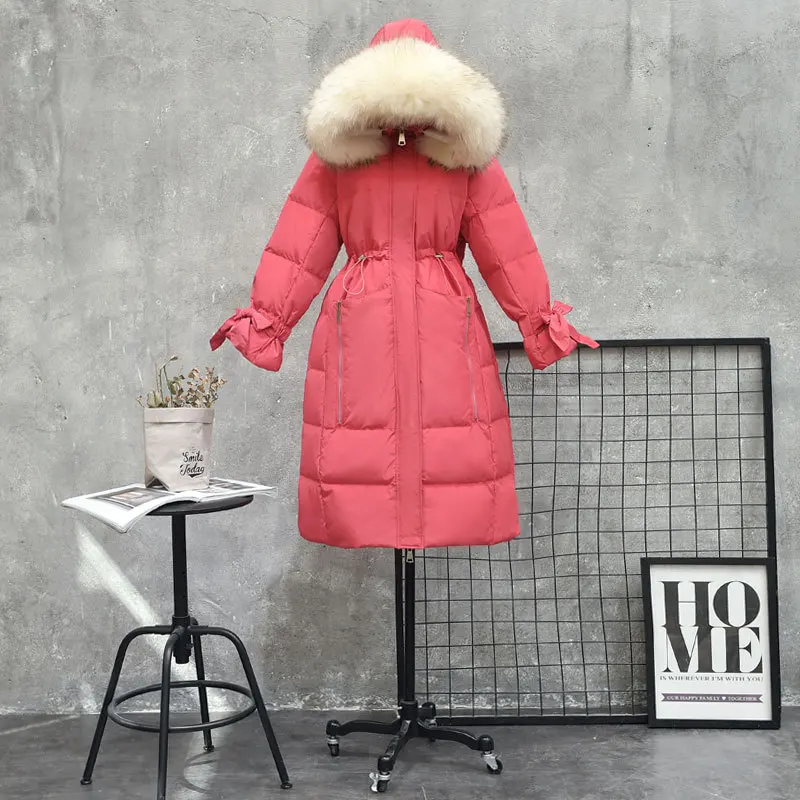 red white fur SINGRAIN Long Women Hooded Down Jacket Raccoon Real Fur Collar Warm Overcoat Fashion Thick Outerwear Winter White Duck Down Coat - Цвет: red white fur
