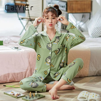 

CAIYIER 2020 Autumn Winter Cotton Pajamas Set Women Long Sleeve Cute Print Nightwear Female Casual Big Size Sleepwear Homewear