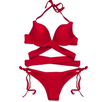 

Solid Red Push Up Underwired Criss Cross Bandage Bikini Sets High Leg Low Waist Tie Side String Thong Bikini Bottom Swimsuit