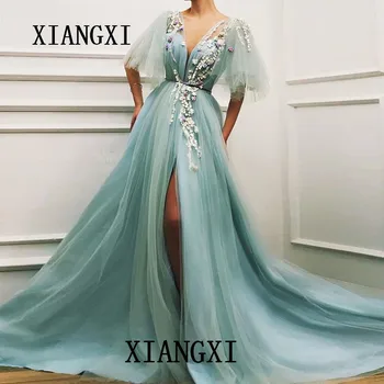 

2020 élégante longue robe de soirée en Tulle bleu clair haute fente Cap manches à la main fleurs paillettes longue robe de so