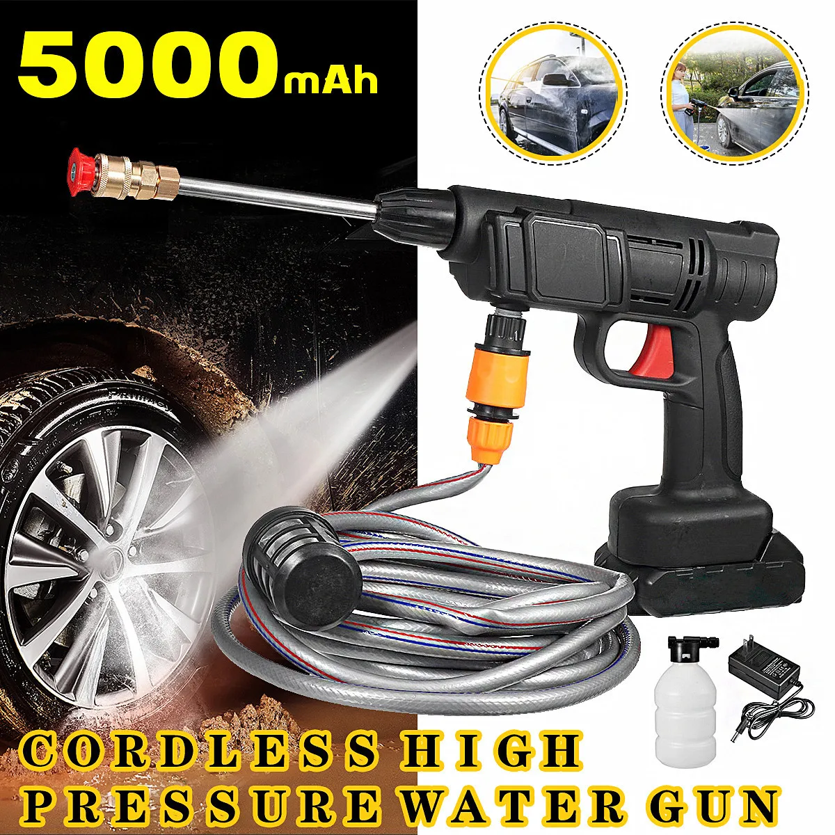 24V 5000mAh Cordless High Pressure Washer Portable Car Cleaner Water Guns Car Washing Maching W/ None/1/2 Battery