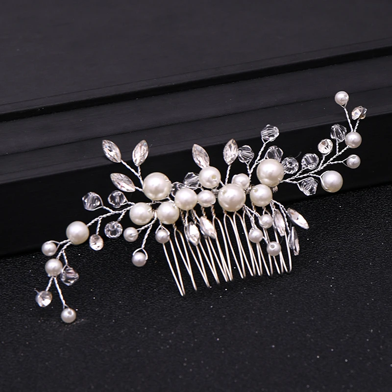 Silver Color Tiara Hair Combs for Women Bride Pearl Crystal Headpiece Wedding Hair Accessories Bridal Jewelry