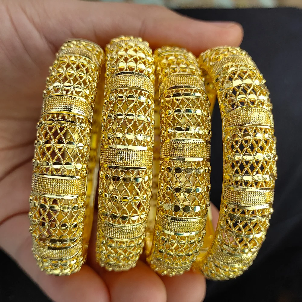 

4Pcs Bride 24k Gold Color Dubai Bangles For Women Bijoux Africaine width Bracelets Jewellery For Wedding Jewelry Party Gifts