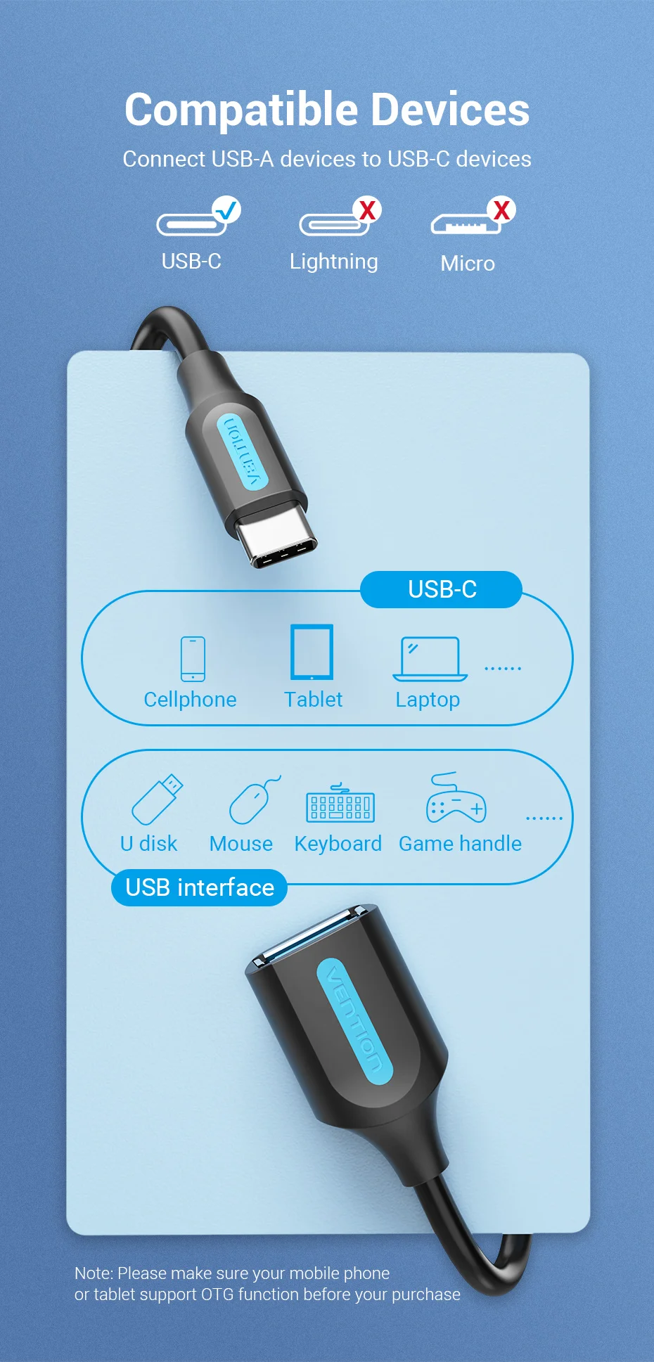Vention USB C to USB OTG Adapter USB 3.0 2.0 Type-C OTG Data Cable Connector for Samsung GalaxyS 10 MacBook Pro USB C Adapter