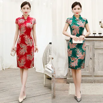 

2 Color 4XL 5XL Plus Size Silk Cheongsam Dress New Qipao Short Evening Dresses Oriental Style Print Chipao Female Retro Dress